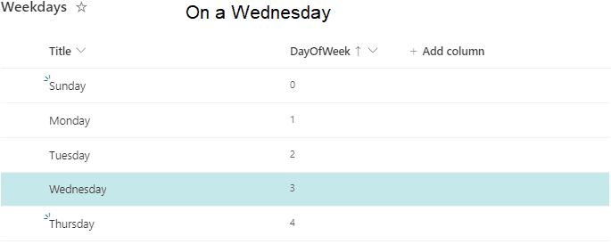 SharePoint Json List Formatting und die nicht existierende WEEKDAY Funktion