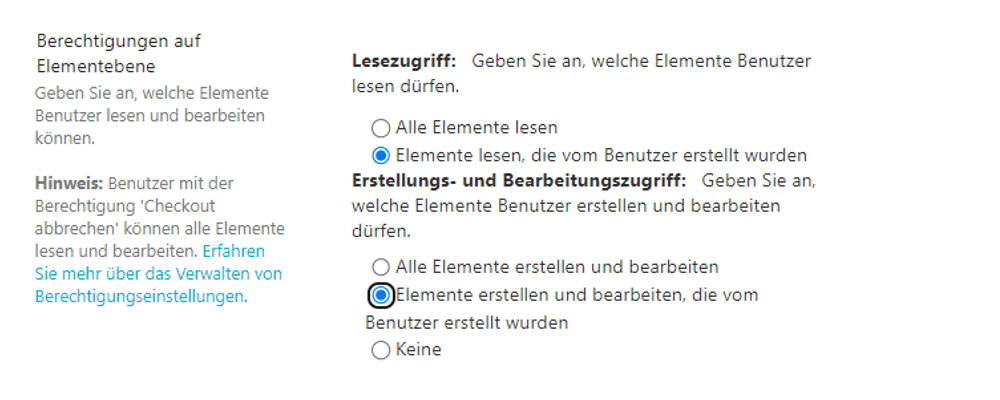 Listenelemente oder Dokumente, die nur ich und ein Admin sehen kann