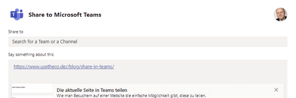 Die aktuelle Seite in Teams teilen